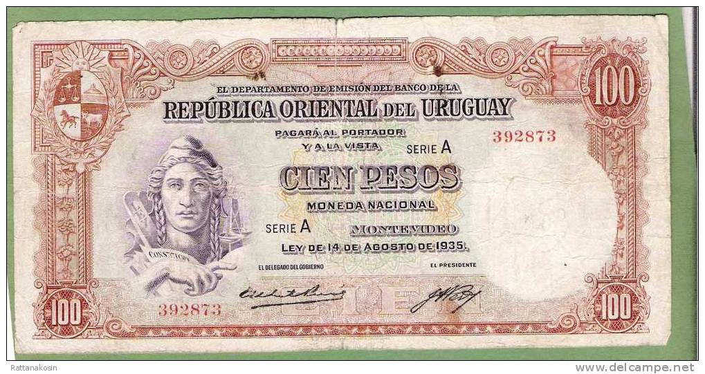 URUGUAY  P31a   100  PESOS 1935  2 SIGN.   FINE - Uruguay