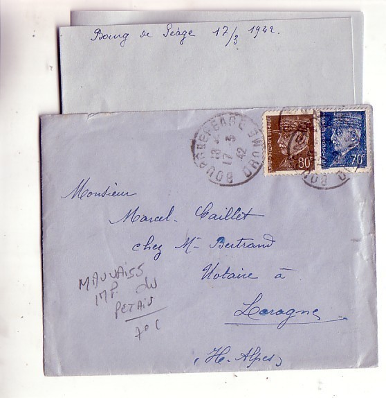 MARCOPHILIE LETTRE DE 1942 VARIETé SUR LE PETAIN 70 CT MAUVAISE IMPRESSION DE BOURG DE PEAGE PLARAGNE HTES ALPES - Cartas & Documentos