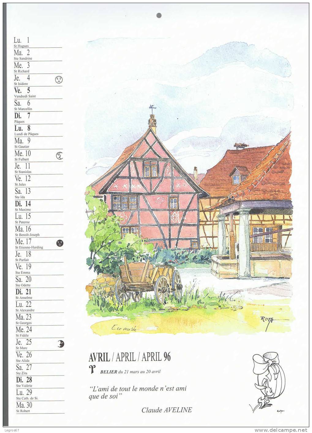 CALENDRIER 1996 - L'ALSACE VUE PAR ROTH - Grossformat : 1991-00