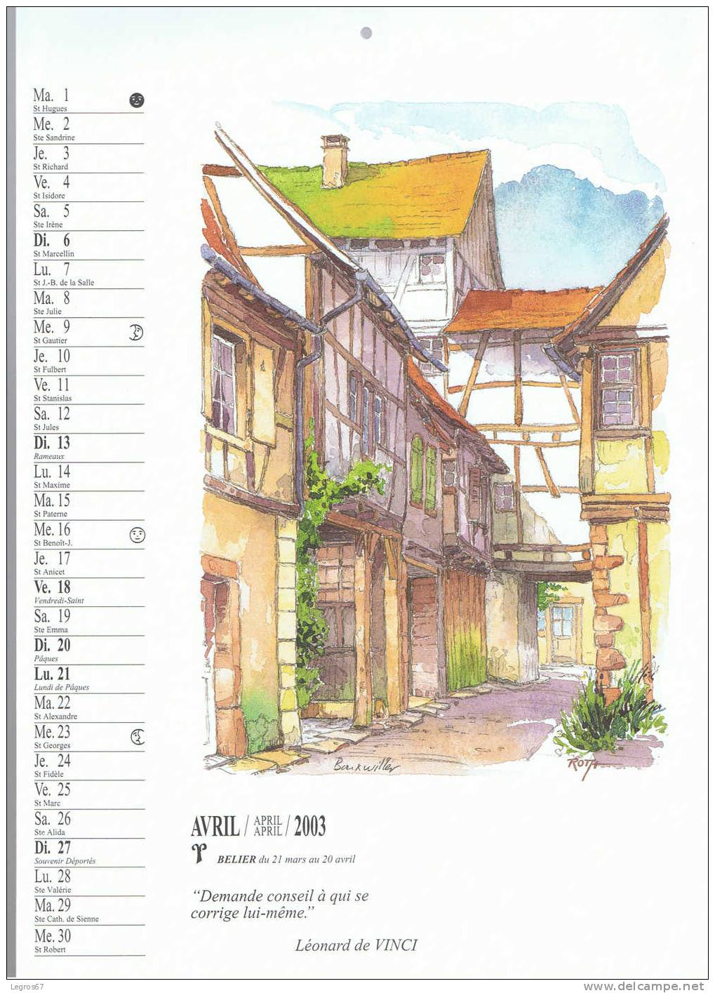 CALENDRIER 2003 - L'ALSACE VUE PAR ROTH - Tamaño Grande : 2001-...