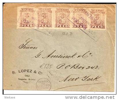 Col040c -  KOLUMBIEN/ Brief (cover, Lettre)  Buenaventura-NY, 5-er Streifen Mi. 153.  Durch Postagentur 1904 - Colombia