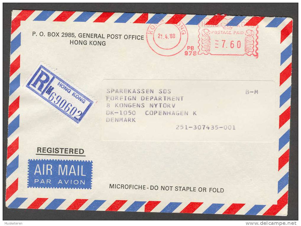 Hong Kong Airmail Par Avion Registered Meter Stamp Cover 1988 To Bank, Sparrekassen SDS In Denmark - Briefe U. Dokumente