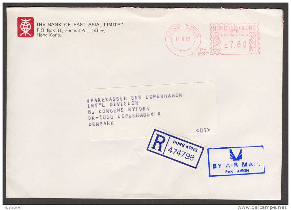 Hong Kong Bank Of Asia Purple Airmail Par Avion Cancel Registered Meter Stamp Cover 1987 To Sparrekassen SDS In Denmark - Storia Postale