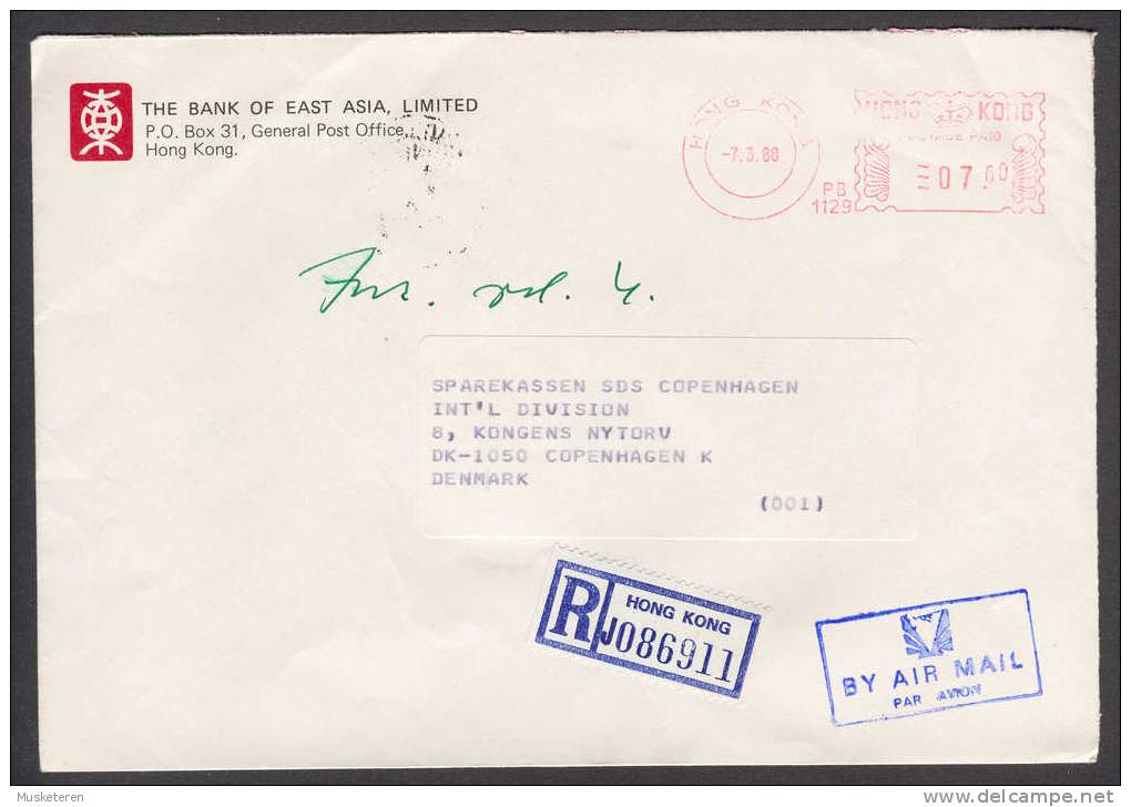 Hong Kong Bank Of Asia Purple Airmail Par Avion Cancel Registered Meter Stamp Cover 1988 To Sparrekassen SDS In Denmark - Lettres & Documents