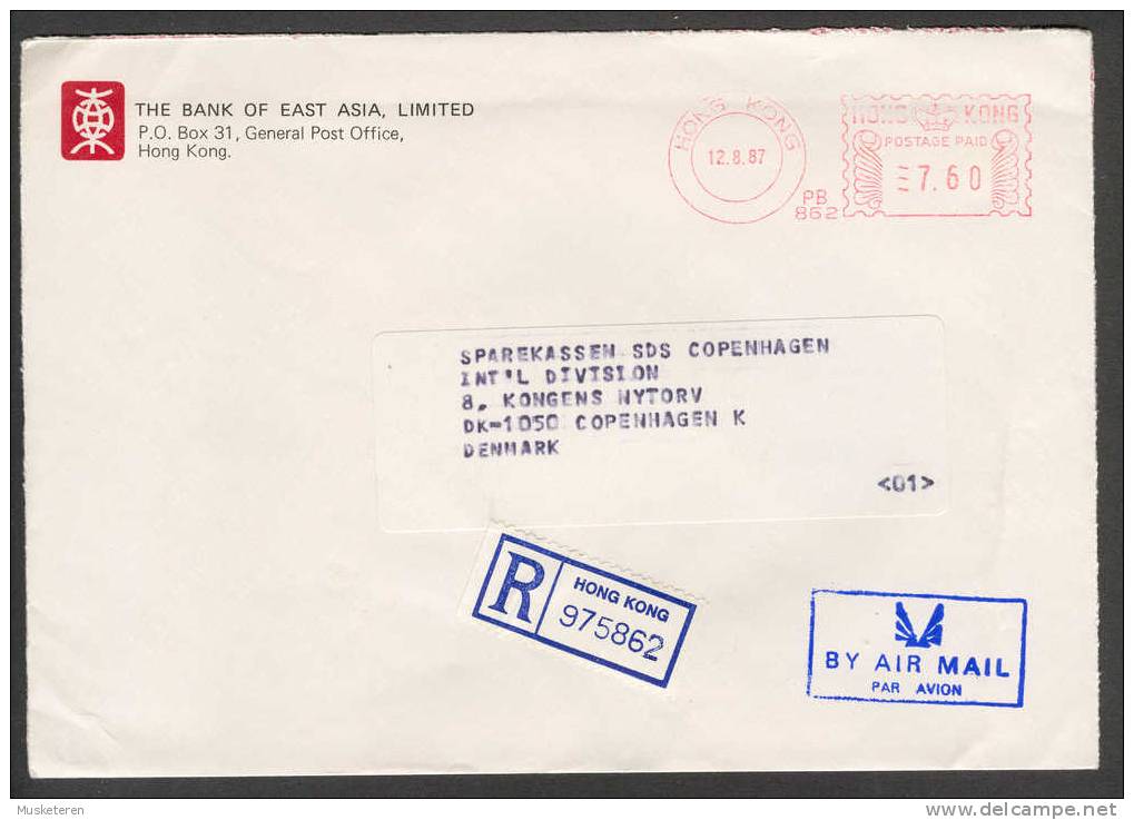 Hong Kong Bank Of Asia Purple Airmail Par Avion Cancel Registered Meter Stamp Cover 1987 To Sparrekassen SDS In Denmark - Brieven En Documenten