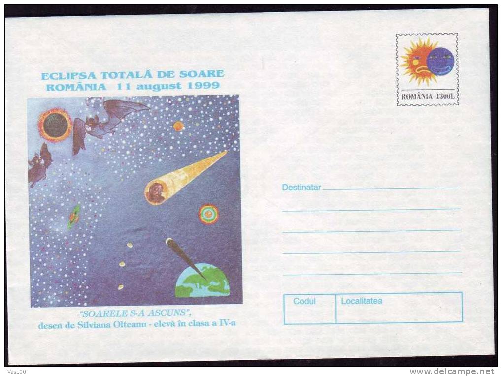 1999 Astronomy Solar Eclipse Stationery Cover Romania. - Astronomy