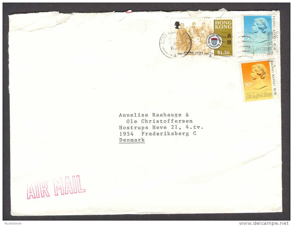 Hong Kong Airmail Nethersole Hospital Medical Centenary & Queen Elizabeth Franked 1987 Cover To Frederiksberg Denmark - Storia Postale