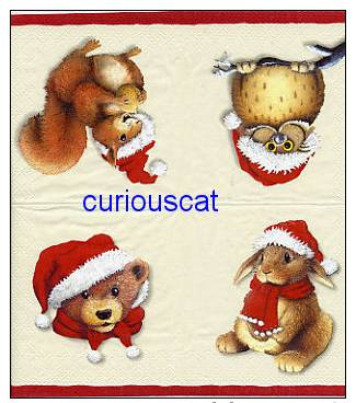 SINGLE COCKTAIL SIZE PAPER NAPKIN TEDDY BEAR SQUIRREL RABBIT And OWL EULE HIBOU SANTAS - Paper Napkins (decorated)