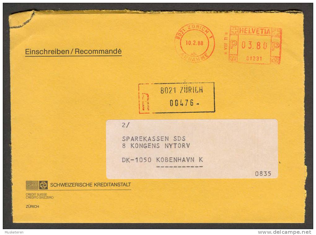 Switzerland Schweizerische Kreditanstalt Zürich Registered Recommandé Meter Stamp Cover 1988 To Bank In Denmark - Affrancature Meccaniche