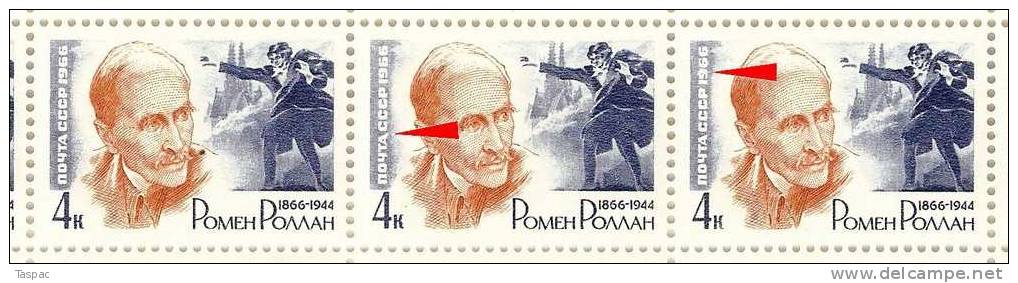 Russia 1966 Mi# 3178 Sheet With Plate Errors Pos. 3, 4 And 12 - Romain Rolland - Errors & Oddities