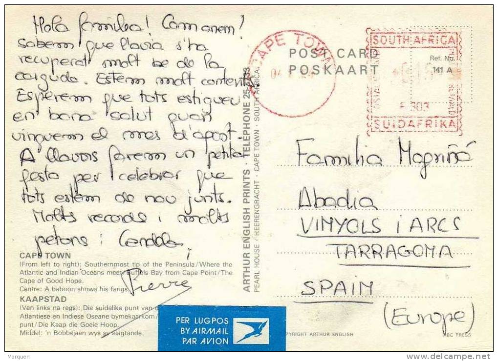 2209. Postal South Africa.  Cape Town  1984  A España - Briefe U. Dokumente
