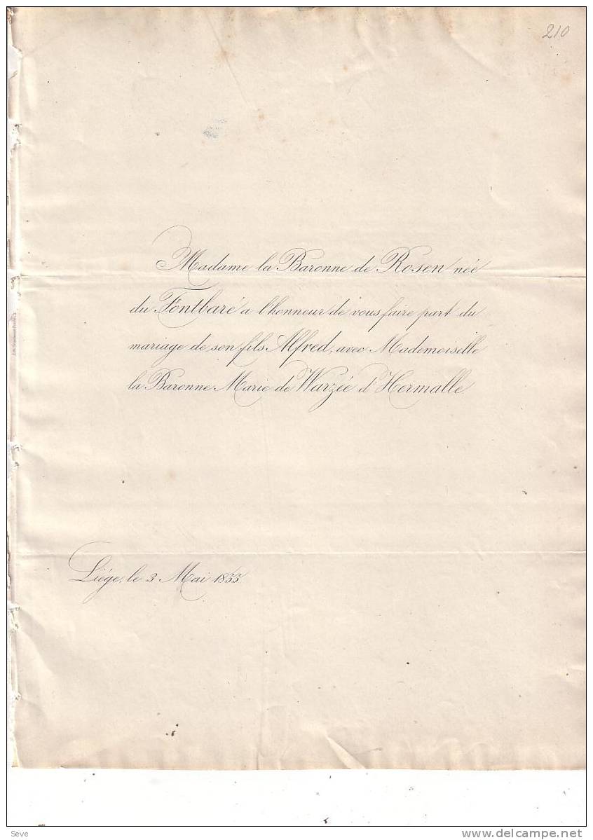 LIEGE Mariage 1853 Alfred De ROSEN Et Marie De WARZEE D'HERMALLe Famille Du FONTBARE Les 2 Faire-parts échangés - Other & Unclassified