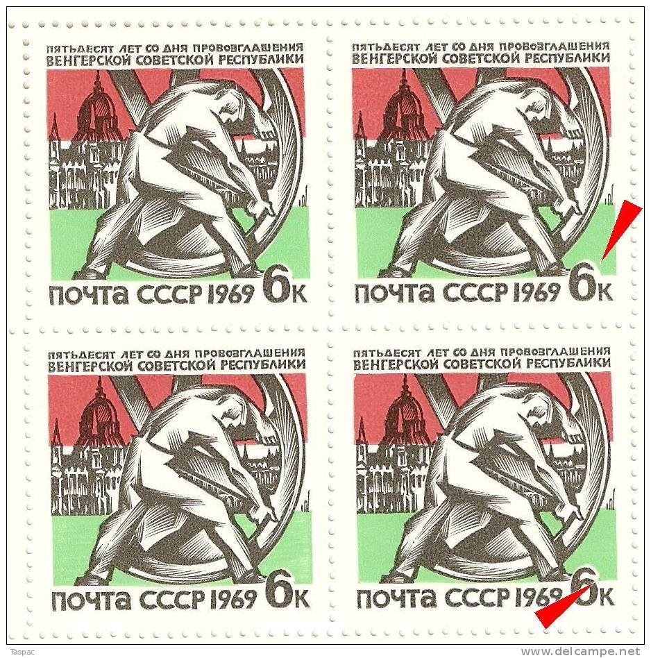 Russia 1969 Mi# 3603 Sheet With Plate Errors Pos. 2 And 7 - Hungary - Variétés & Curiosités