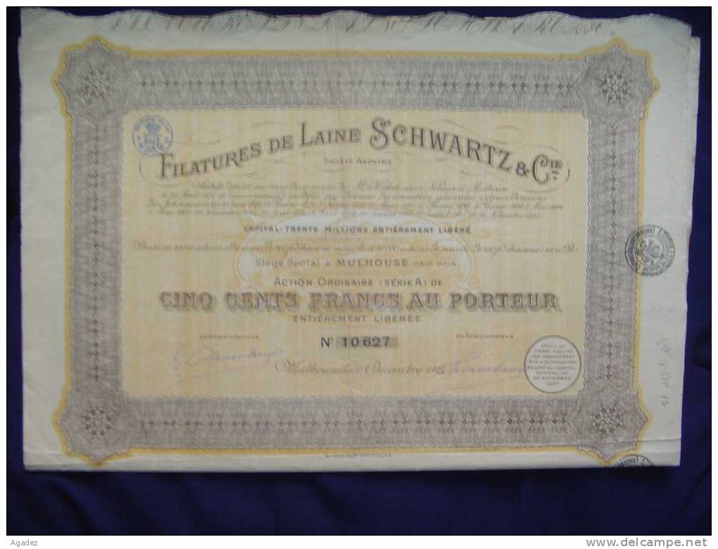 Action " Filatures De Laine Schwartz " Mulhouse  (Haut Rhin) 1924 Textile - Textile