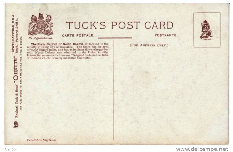 Bismark ND State Capitol Building On 1910s Vintage Postcard Tucks #2454 - Sonstige & Ohne Zuordnung