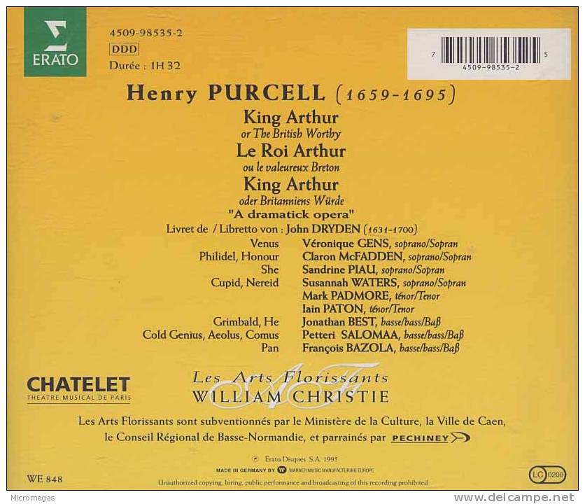 Purcell : King Arthur, Christie - Opere