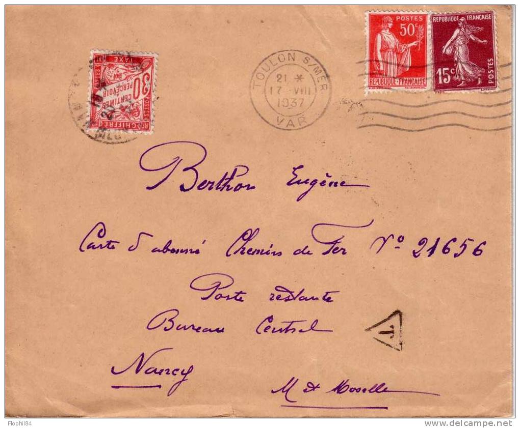 TAXE-BANDEROLE -LETTRE DE TOULON DU 17-8-1937 - 1859-1959 Brieven & Documenten