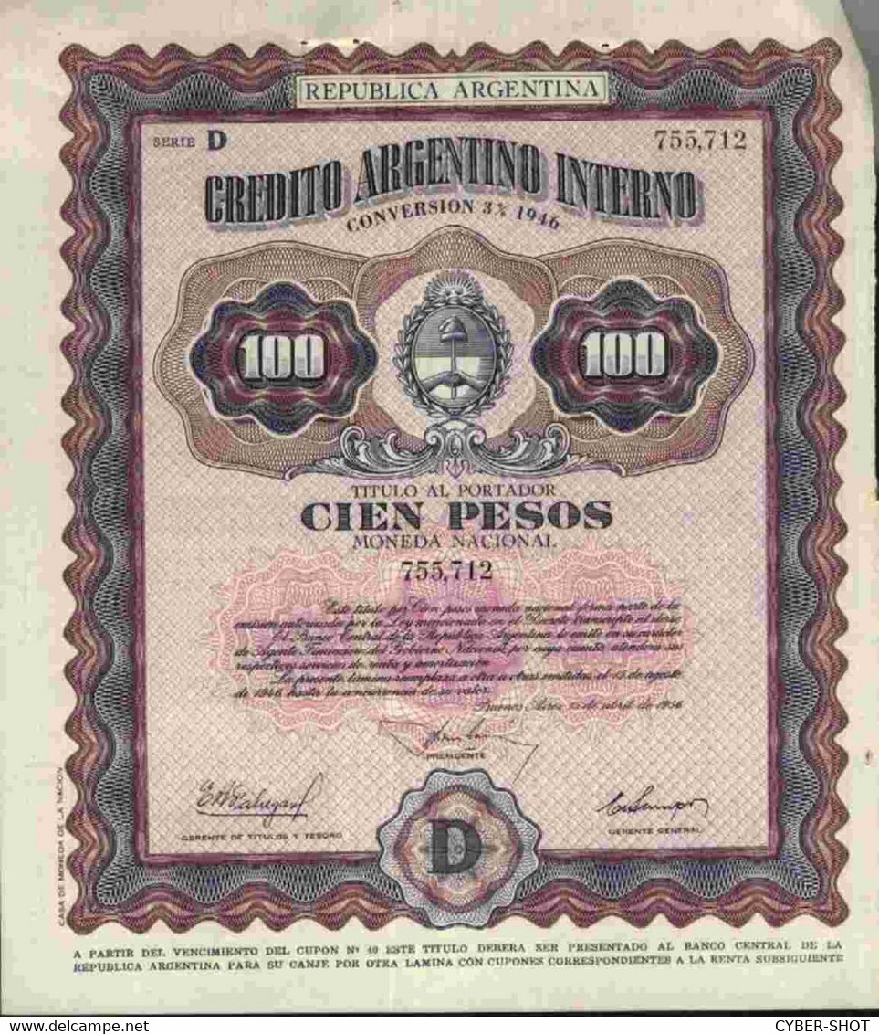 Argentina - Loan Bonds Of Credito Argentino Interno 1946 - Banco & Caja De Ahorros