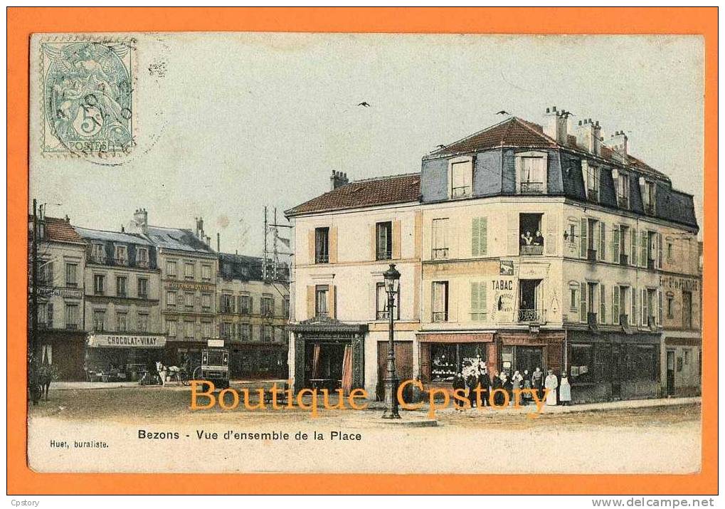 95 - BEZONS - Vue D'ensemble De La Place Du Marché - Tabac - Belle Carte Colorisée - Bezons