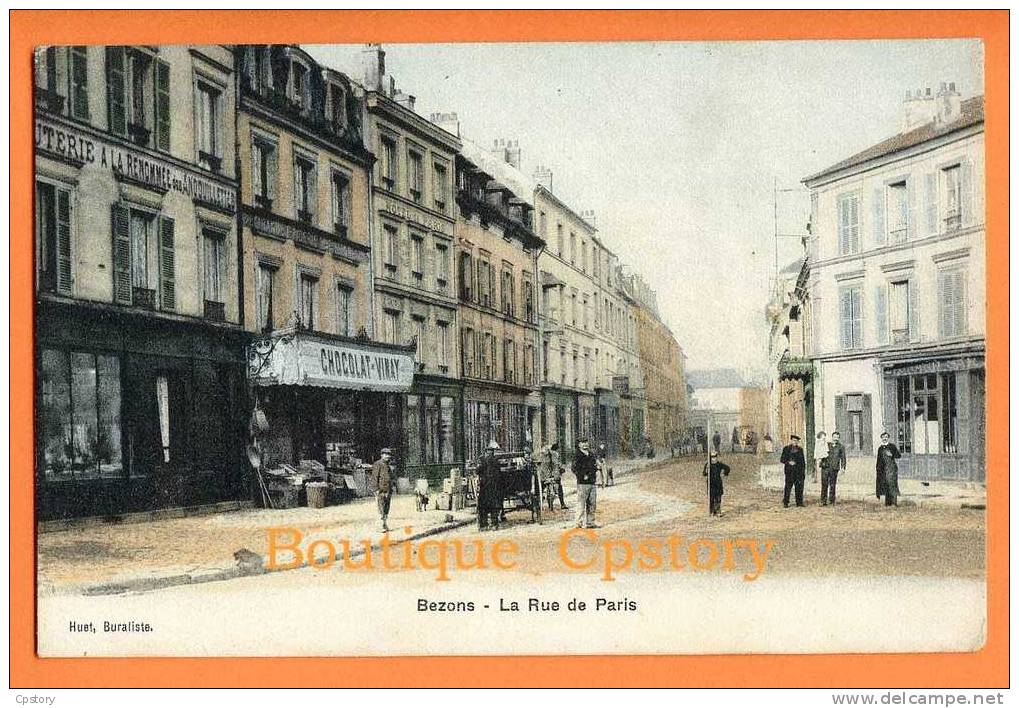 95 - BEZONS - Rue De Paris - Epicerie Enseigne Chocolat Vinay - Belle Carte Colorisée - Bezons
