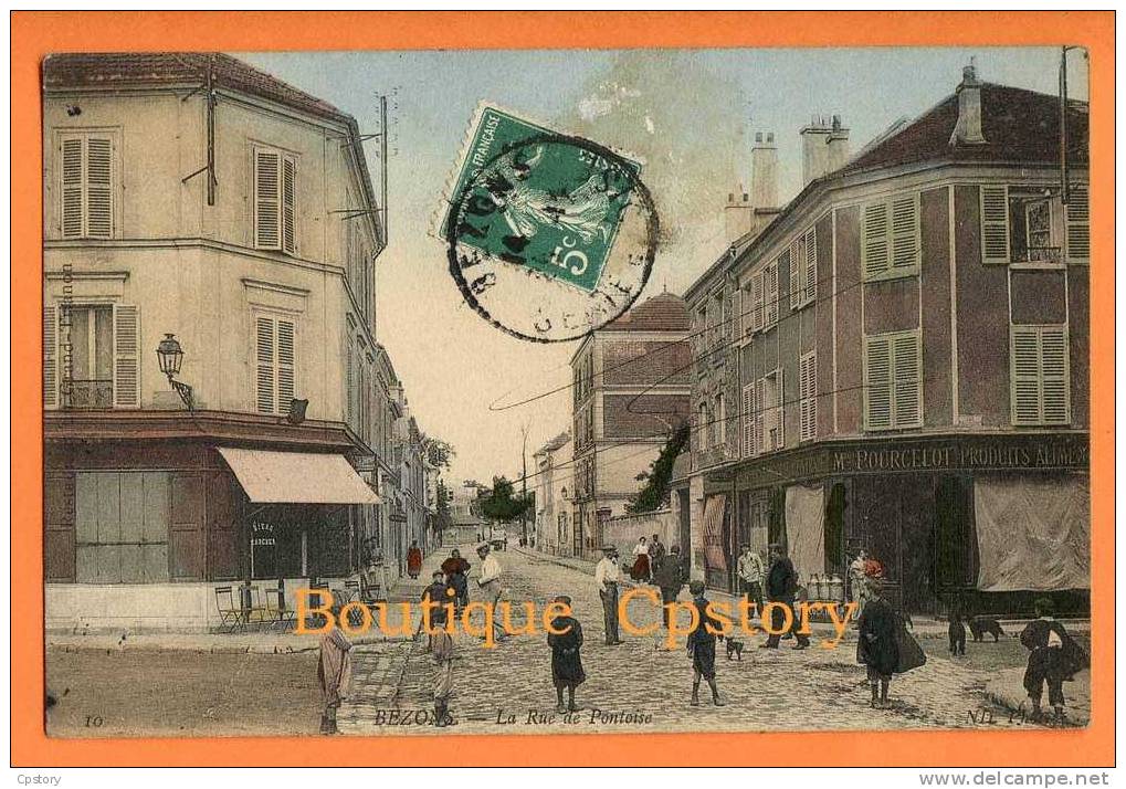 95 - BEZONS - Rue De Pontoise - Maison Pourcelot Epicerie - Belle Carte Colorisée - Bezons