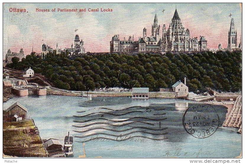 Ottawa - 1909 - Parliament And Canal Locks - Illustrated Post Card - Used - Slightly Damaged - Ottawa