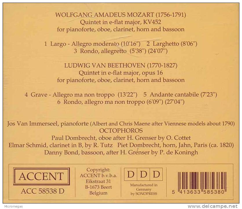 Mozart, Beethoven : Quintettes Pour Piano Et Vents, Immerseel, Octophoros - Klassik
