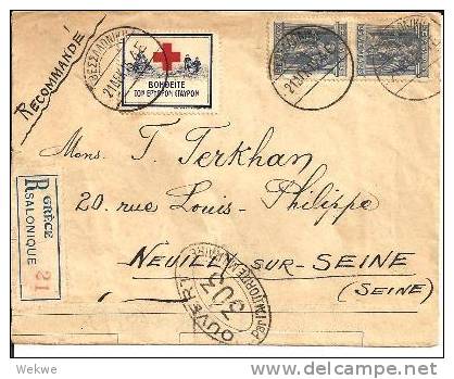 Gr11-006c/ GRIECHENLAND -  Rotkreuz-Zwangszuschlag 1915,  (red Cross) Einschr, Saloniki-Frankreich (red Cross(ruz Roja) - Storia Postale