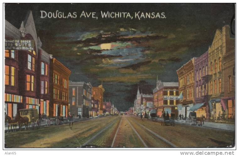 Wichita KS Douglas Ave 1907 Vintage Street Scene Postcard, Railroad Cancel Postmark KC & Caldwell RPO - Andere & Zonder Classificatie