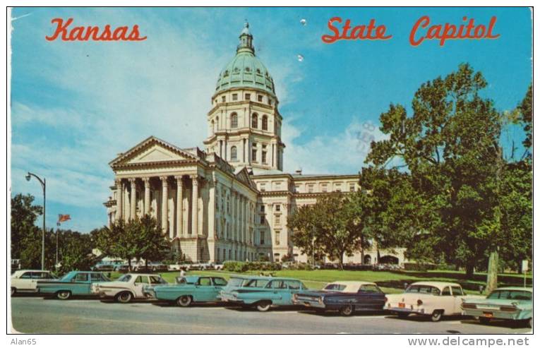 Topeka KS State Capitol Building 1950s/60s Vintage Autos On Chrome Postcard - Sonstige & Ohne Zuordnung