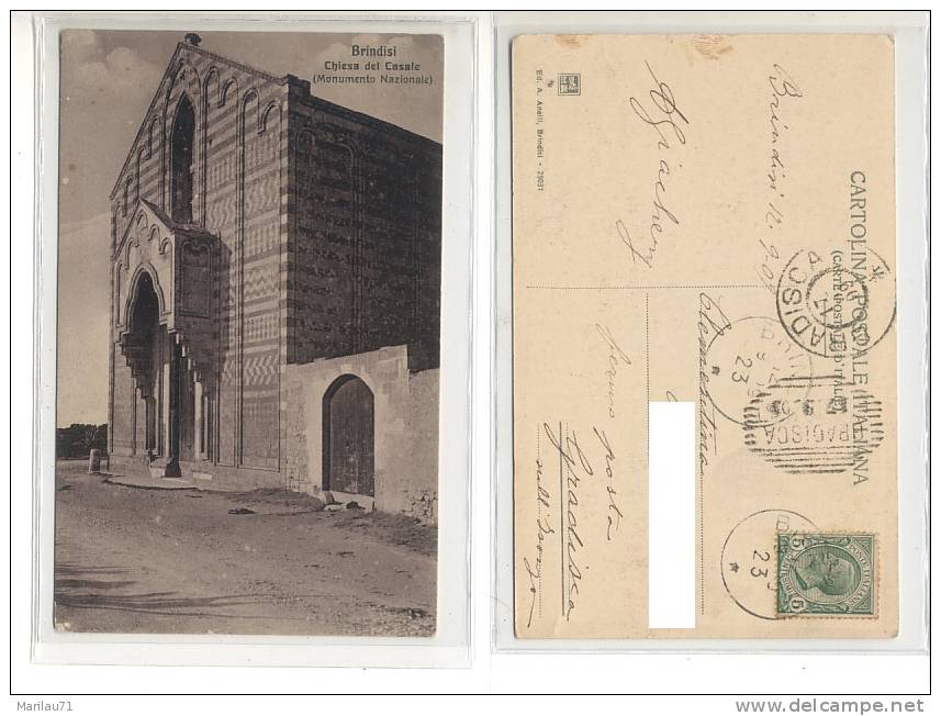 Puglia BRINDISI Chiesa Casale Viaggiata 5c Leoni Isolato Fermo Posta X Gradisca D'Isonzo 1909  - Formato Piccolo - Brindisi