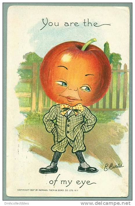 E CURTIS Artist-Signed Garden Patch Man With Apple For Head Antique Raphael Tuck Postcard 1908 (P-34) - Valentine's Day