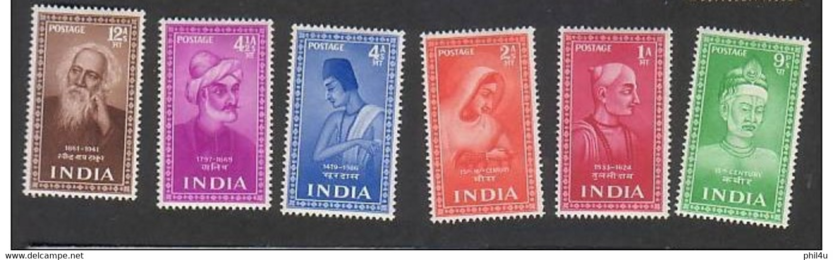 1952 India Mint Hinged Set Saints And Poets-Nobel Rabindra Nath Tagore-Kabir-Tulsi-Meera Bai - Neufs