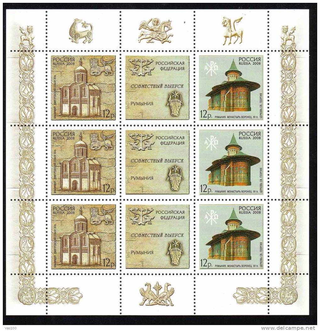 Russia-Romania 2008 MONUMENTS INCLUDED IN THE UNESCO´S WORLD HERITAGE LIST,minisheet + Labels. - UNESCO
