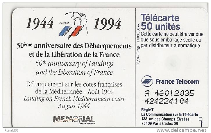 Télécarte 50  : 1944 1994 50 ème ANNIVERSAIRE Des Débarquements ( Méditerranée) Et Libération De La France, Américains - Non Classés