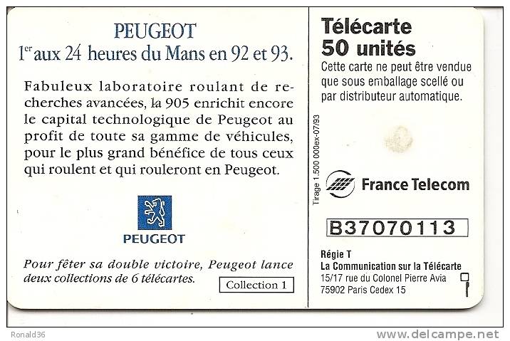 Télécarte 50  : Peugeot 1er Aux 24 Heures Du MANS  ( 72 ) En 1992 Et 1993 ( Voiture ) - Zonder Classificatie