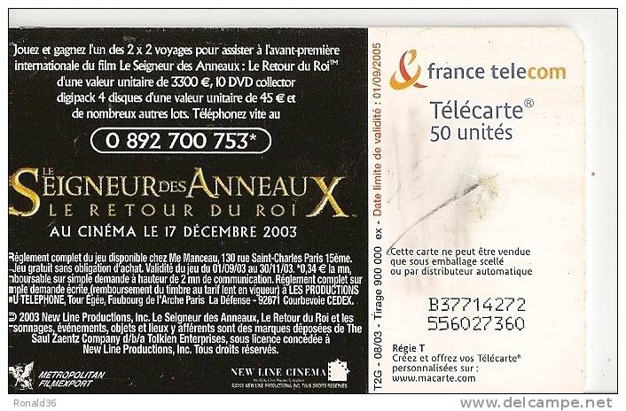 Télécarte 50  : Le Seigneur Des Anneaux Au Cinéma Le 17 Décembre 2003 - Zonder Classificatie