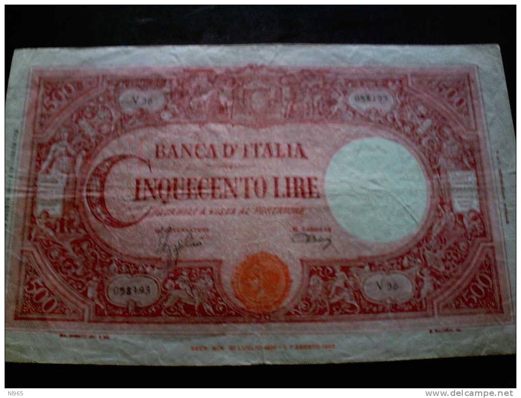 REPUBBLICA SOCIALE ITALIANA -  LIRE CINQUECENTO  ( 500 ) GRANDE C - BANCA D´ ITALIA  ANNO 17/08/1944 - 500 Liras