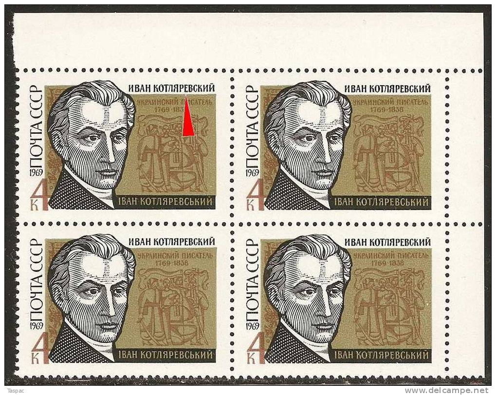 Russia 1969 Mi# 3638 Block Of 4 With Plate Error Pos. 4 - I. Kotlyarevsky - Errors & Oddities