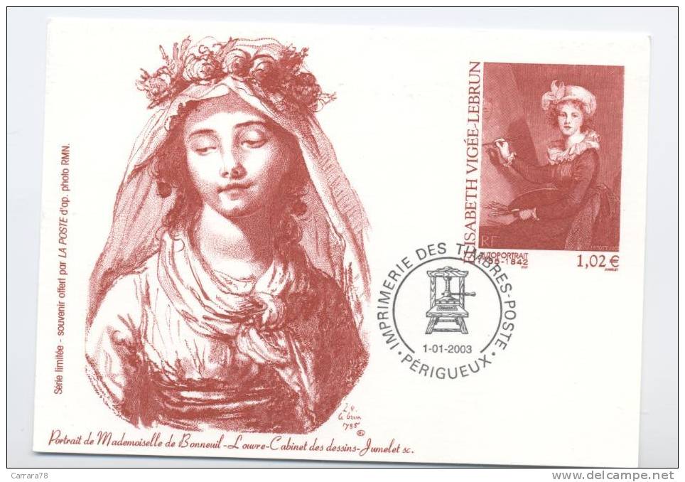 SERIE LIMITEE SOUVENIR OFFERT PAR LA POSTE PORTRAIT DE MADEMOISELLE DE BONNEUIL LOUVRE ISABELLE VIGEE LEBRUN 1.02 € - Pseudo-entiers Officiels