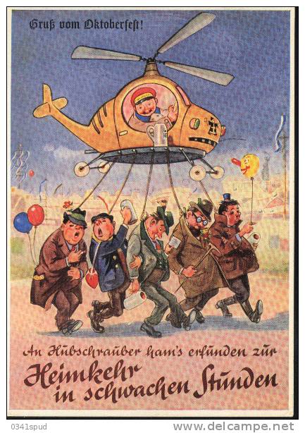 1958  Allemagne  Carte Humoristique Oktoberfest   Hélicoptère  Elicottero  Helicopter - Hubschrauber