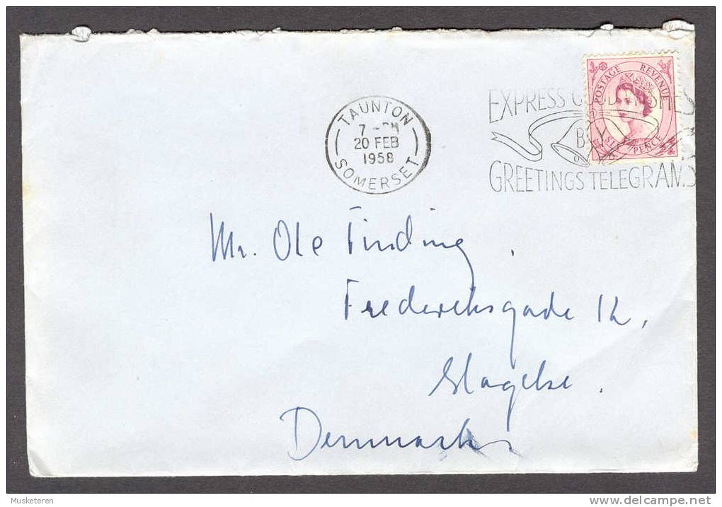 Great Britain Queen Elizabeth II Deluxe TAUNTON Somerset 1958 Express Good Wishes By Greetings Telegram Cover To Denmark - Marcofilie