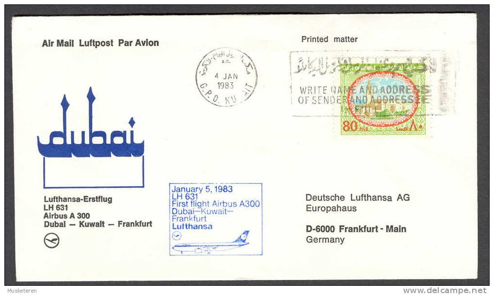 Kuwait Airmail Luftpost Par Avion Lufthansa Erstflug Brief 1st Flight 1983 Cover To Frankfurt Germany Dubai Cachet - Koweït