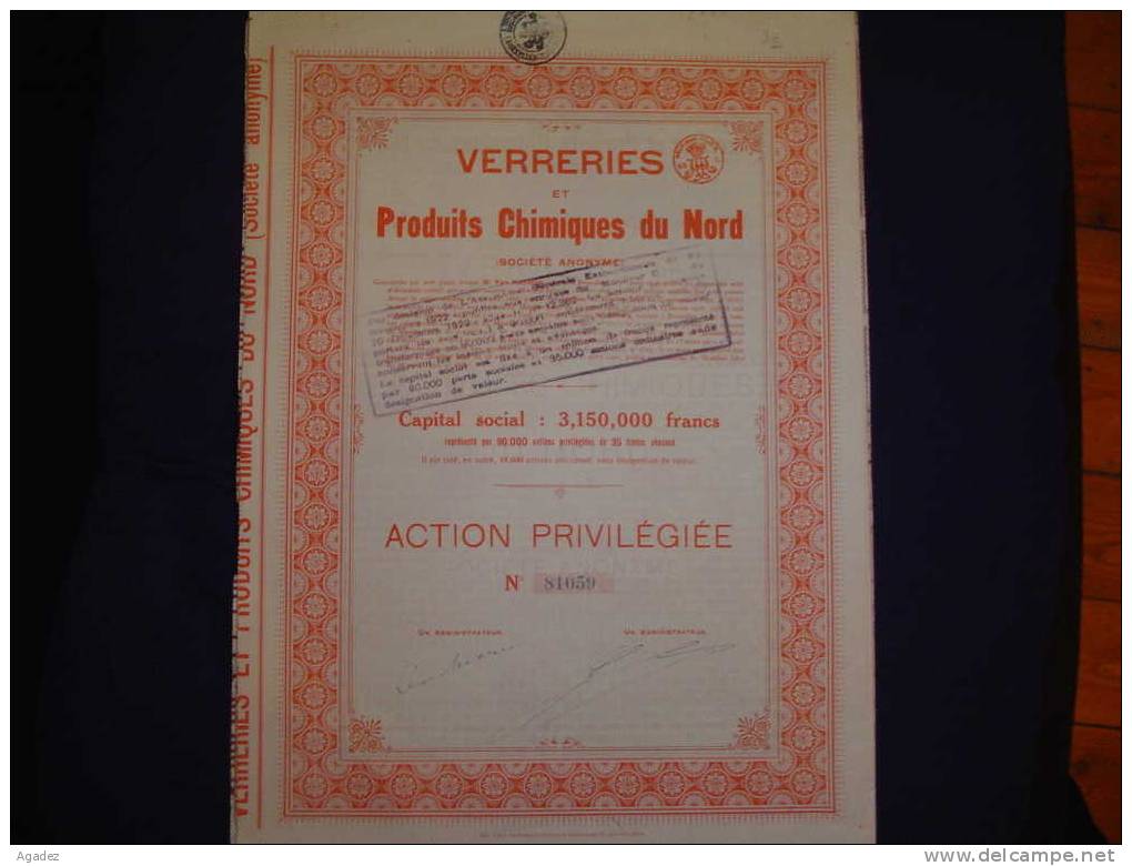 Action Privilégiée"Verreries Et Produits Chimiques Du Nord"Bruxelles 1920 Belgique Verre - Industry