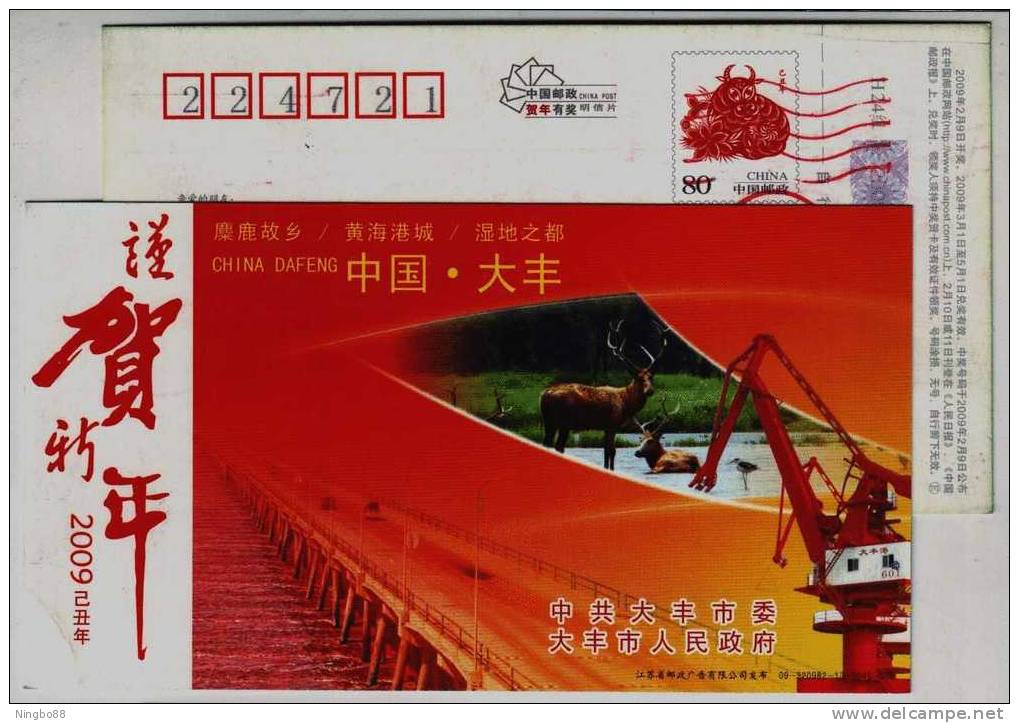 Pere David's Deer National Nature Reserve,port Crane,bridge,CN 09 Dafeng New Year Greeting Advertising Pre-stamped Card - Autres (Mer)