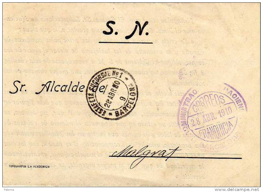 612 - Circular Barcelona 1910 Franquicia Hacienda , Alfonso XIII, Estafeta Nº 1 - Cartas & Documentos