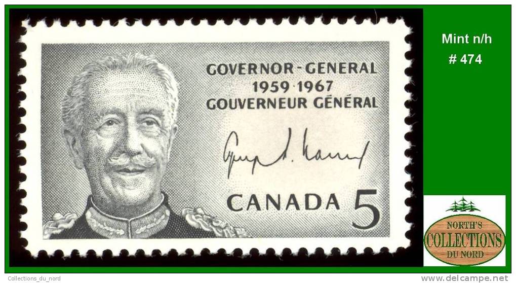 Canada (Unitrade & Scott # 474 -  Governor-General Vanier / Gouverneur Général Vanier) (mint N/h) VF - Neufs