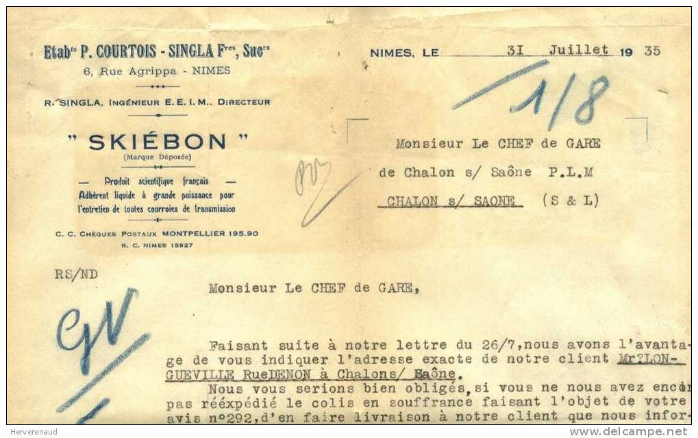 Paix 283 Sur Lettre Des Ets Courtois à Nîmes , Pour Chalon-sur-Saône + Obl. Daguin - 1932-39 Frieden