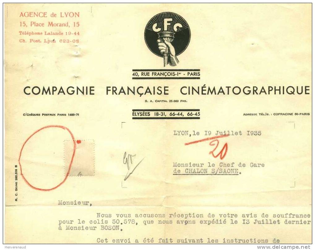 Paix 283 Sur Lettre "Compagnie Française Cinématographique" à Lyon , Pour Chalon-sur-Saône - 1932-39 Paix