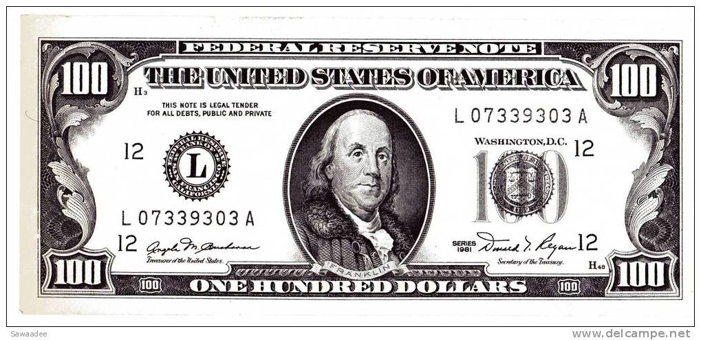 BILLET FAC SIMILE - U.S.A.- IDEM P 447 - 100 DOLLARS - UNIFACE - GRAND FORMAT - Autres & Non Classés